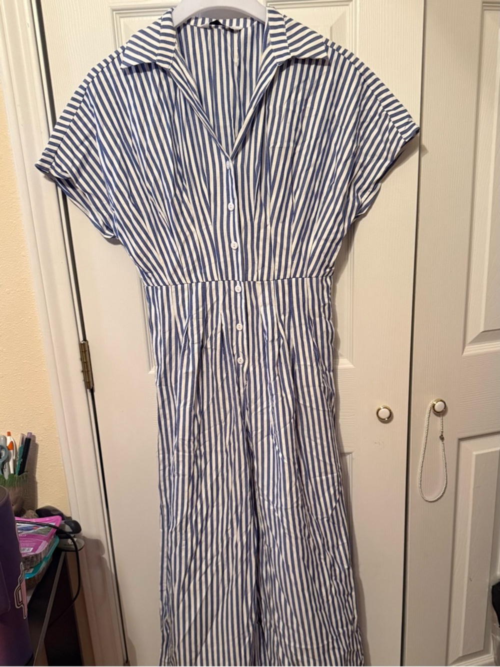 Cupshe Blue and White Striped Button-Front Jumpsuit